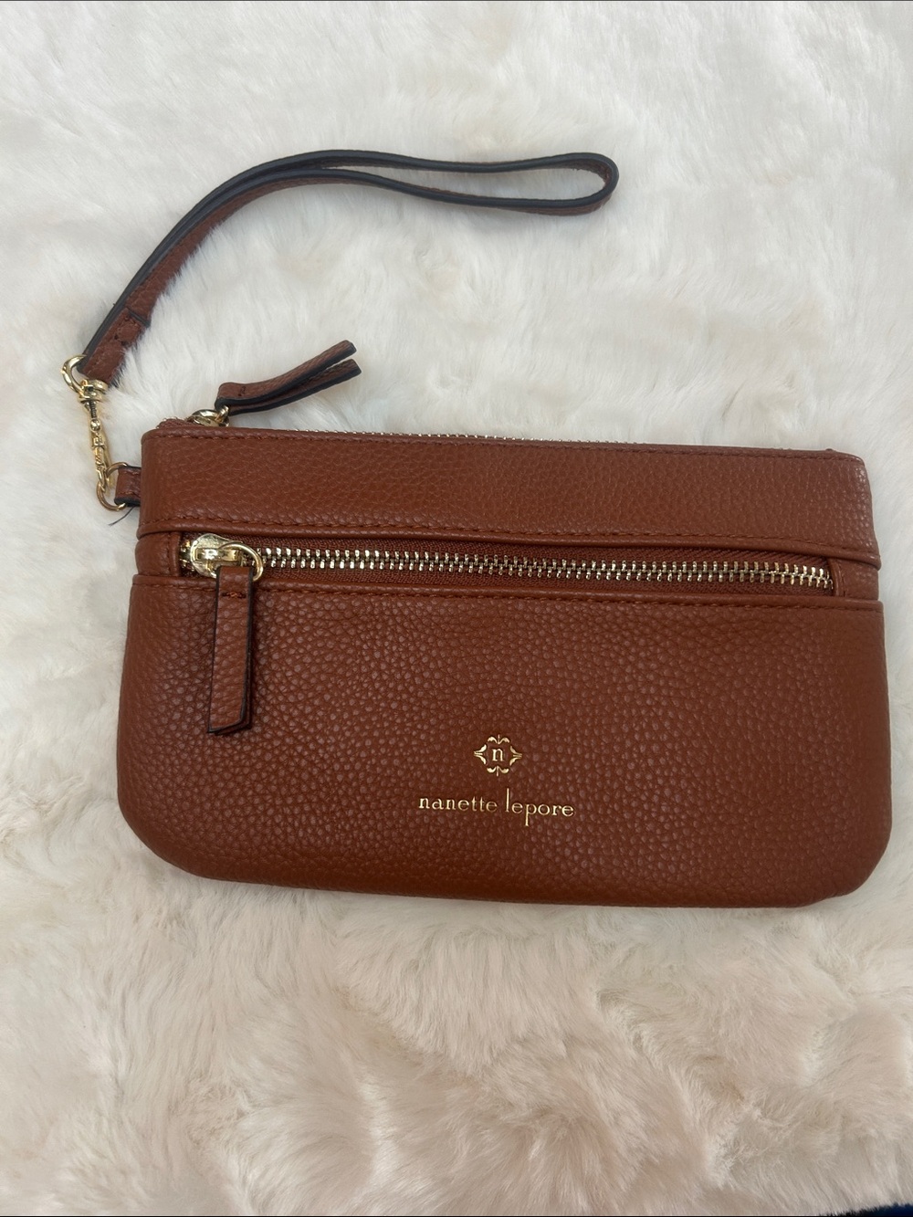 Nanette Lepore Brown Pebbled Leather Wristlet Clutch with Gold Hardware